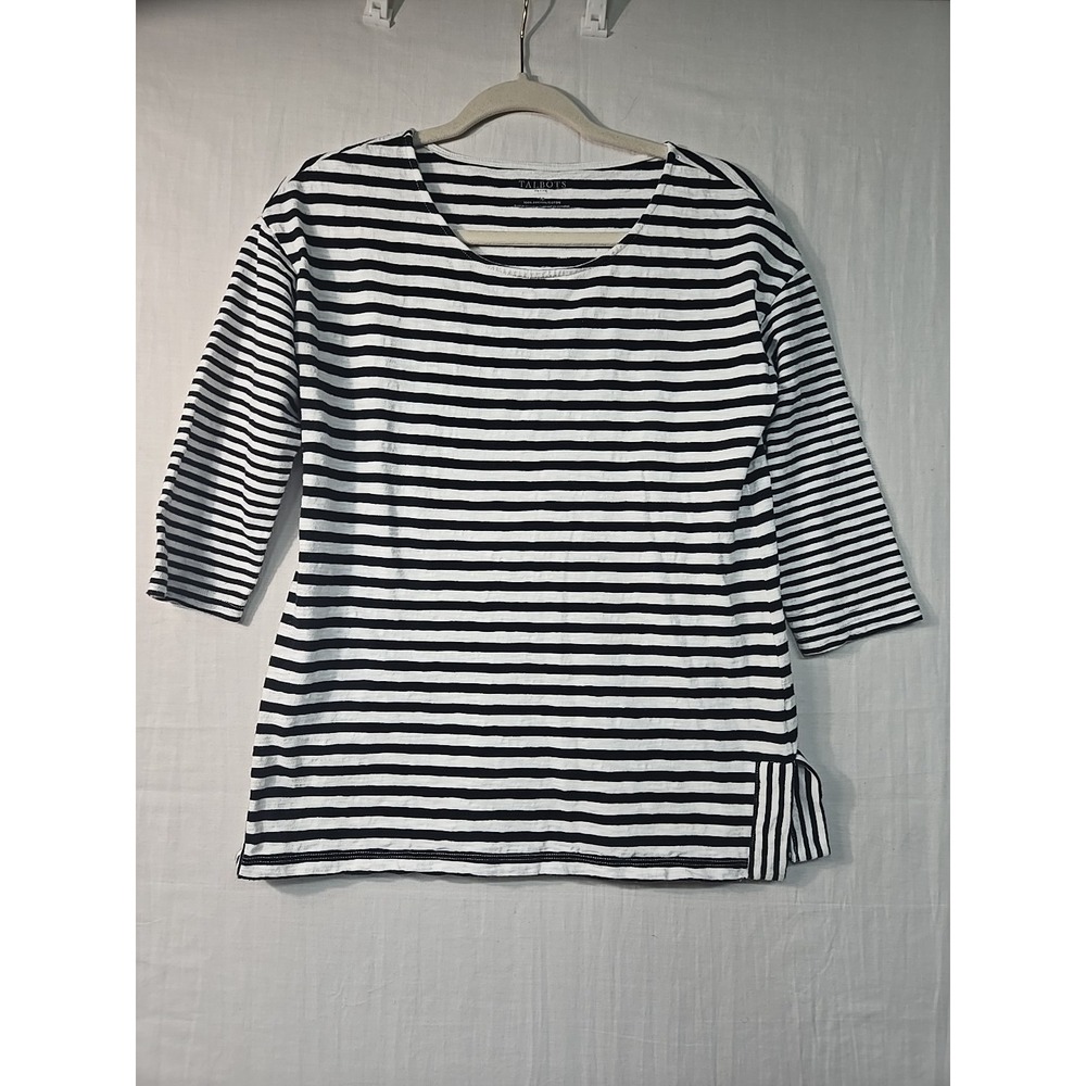 Talbots Black White Striped Cotton 3/4 Sleeve T-Shirt Top Women's Small Petite